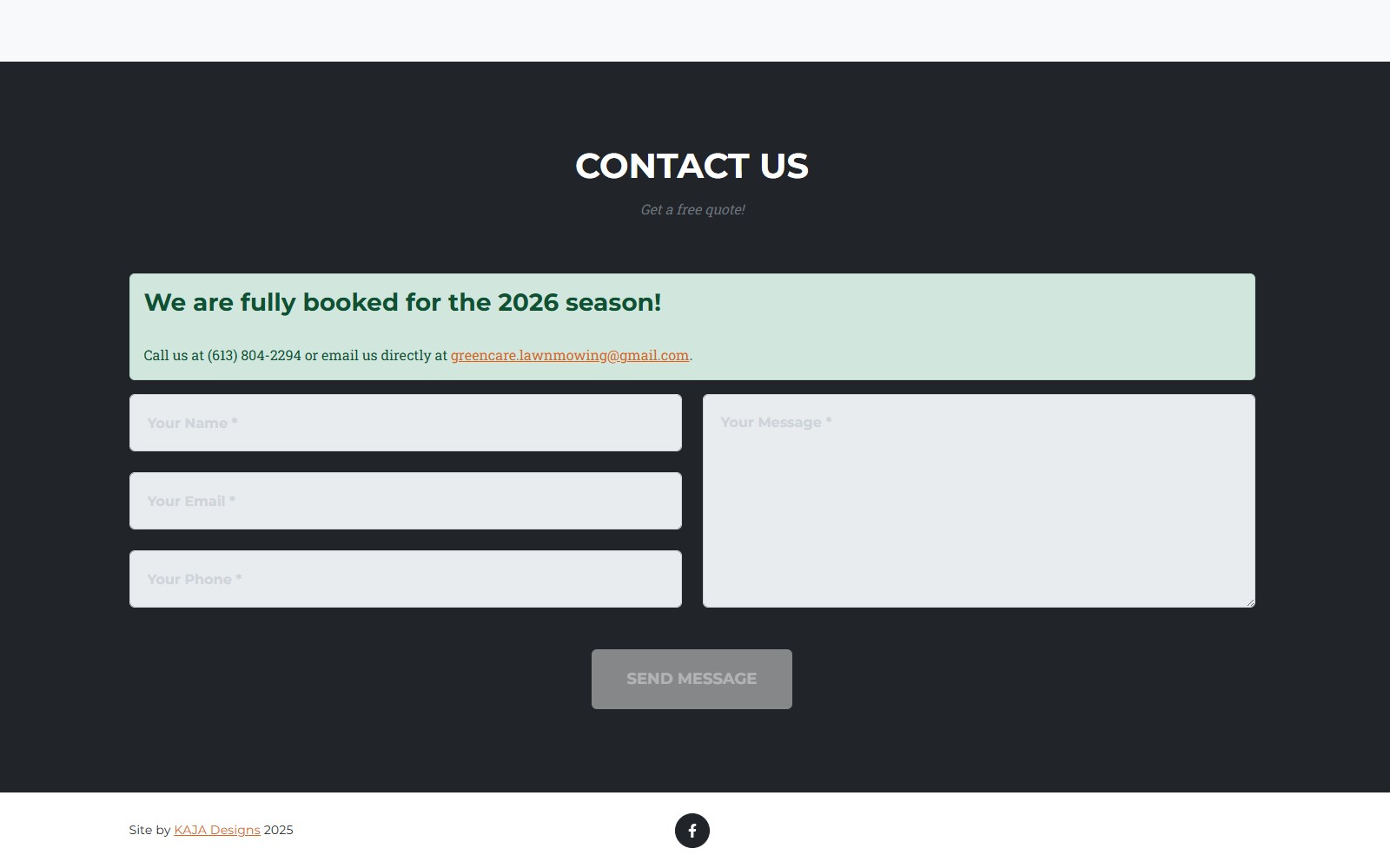 Green Care Lawn Mowing contact form screenshot