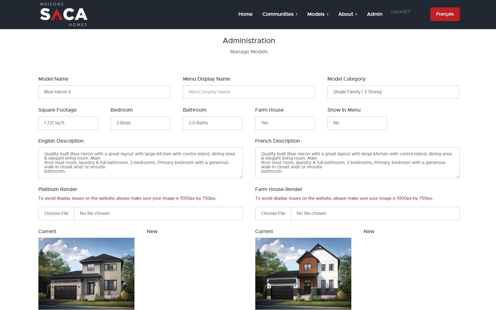 SACA Homes admin panel screenshot