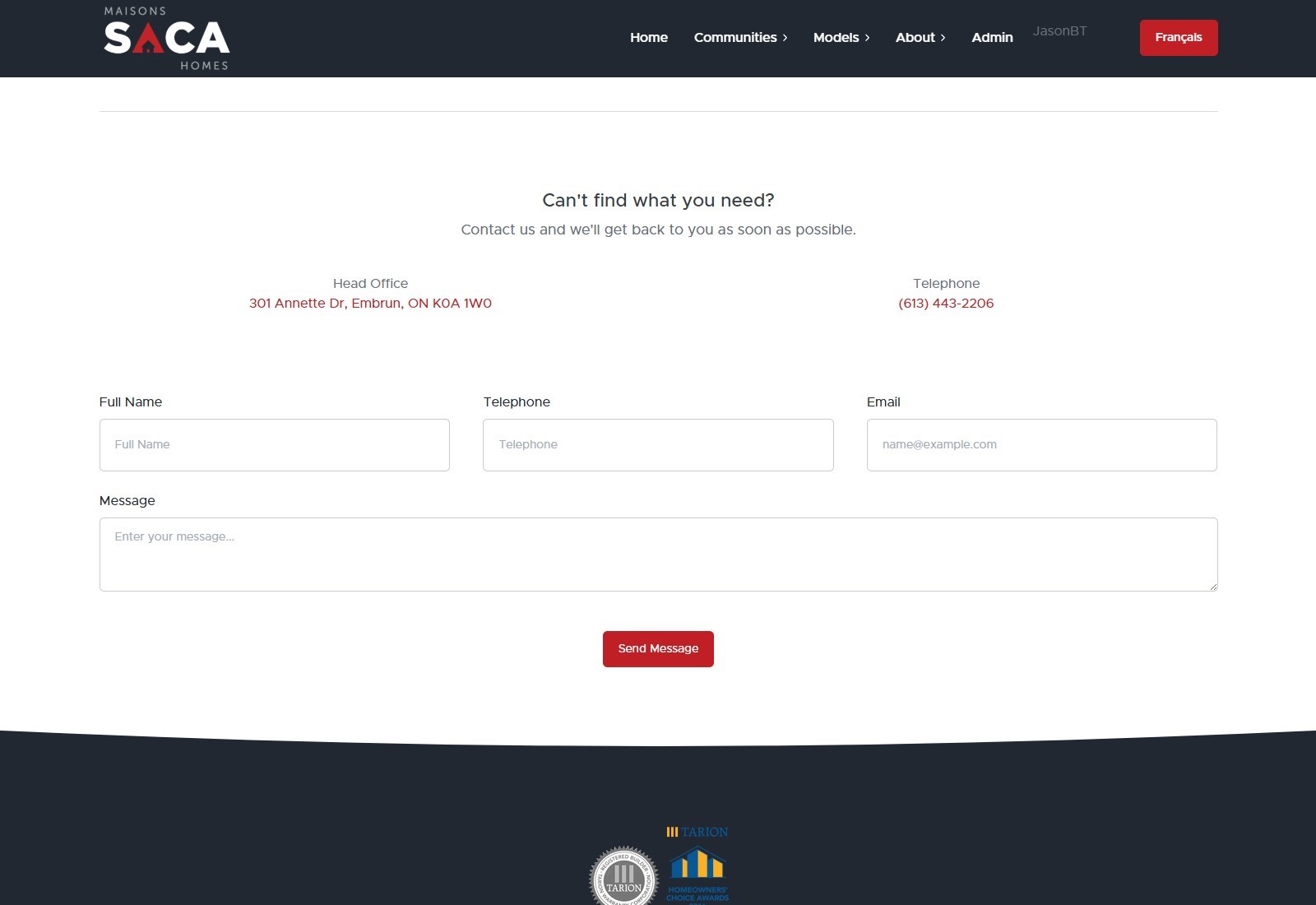 SACA Homes contact page screenshot