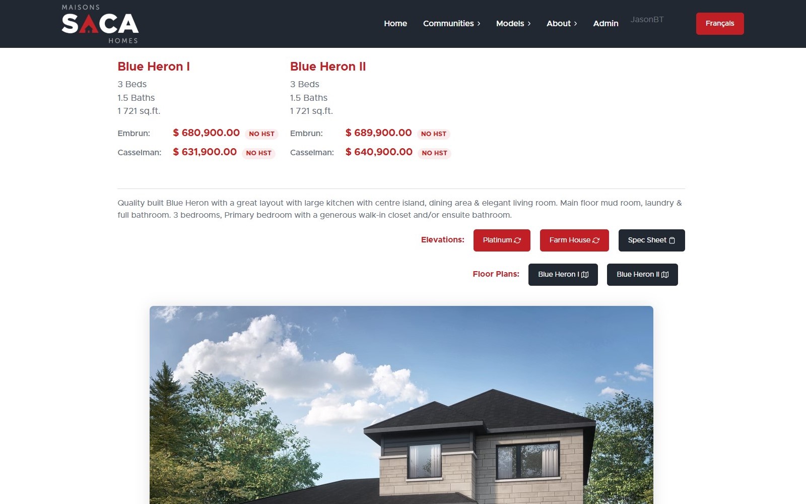 SACA Homes model details screenshot