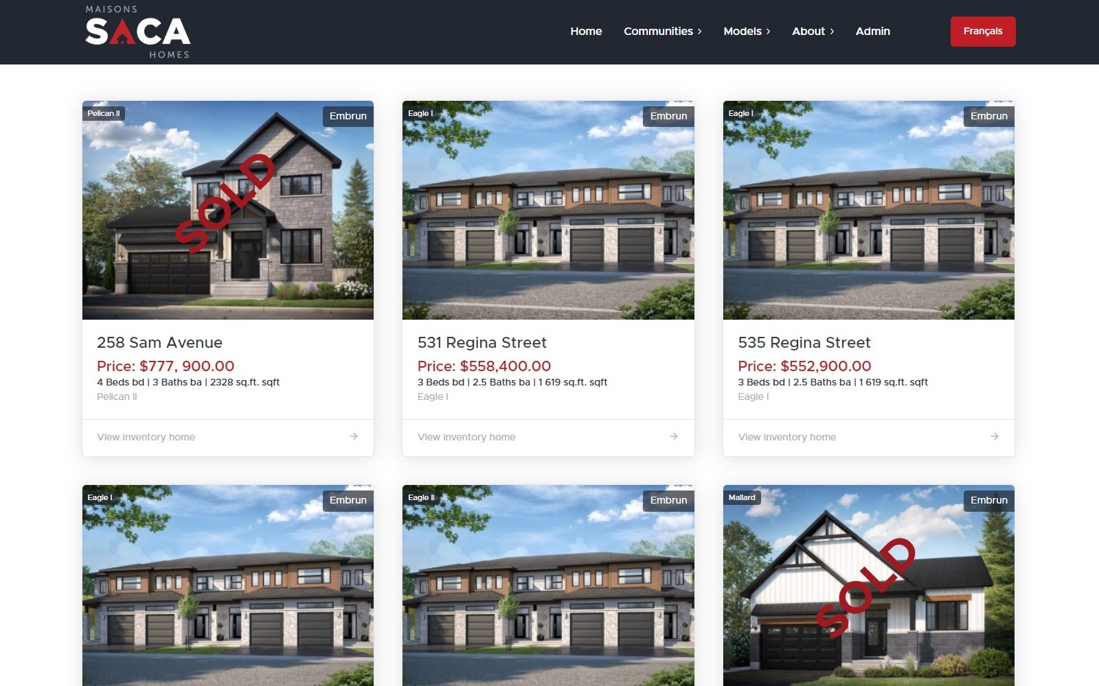 SACA Homes inventory listing screenshot